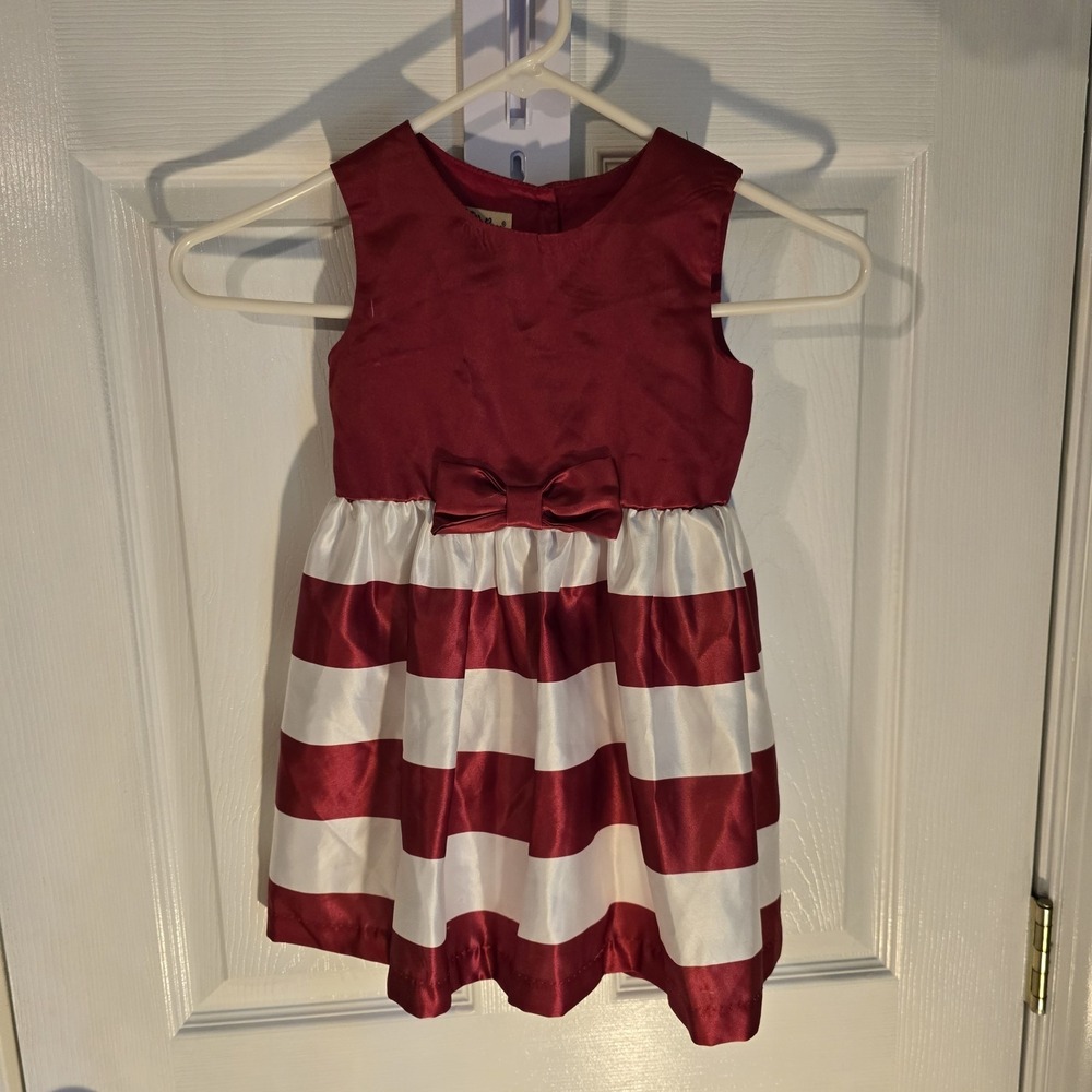 Red and Ivory Striped Satin Party Dress Girls Size 5 Sleeveless Bow CDX1994